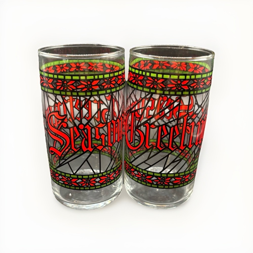 Houze Season's Greetings Tumbler Glasses Stain Glass Christmas Vintage Barware